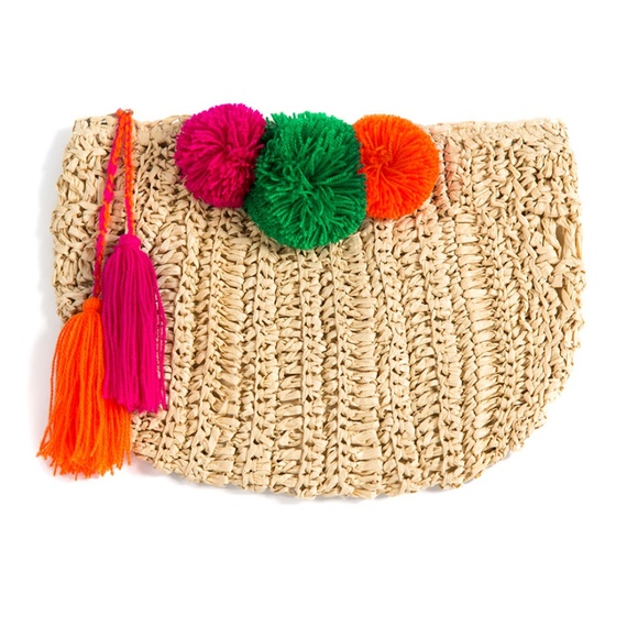 Shiraleah RIO Woven Clutch Natural Multi-color Pompoms - Picture 1 of 2